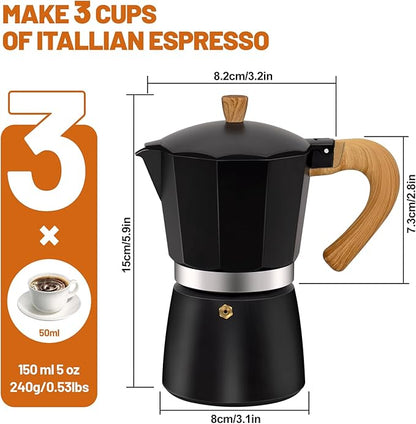 3 Cup Aluminum Espresso Stovetop Moka Pot Express Coffee Maker Percolator Italian Classic Mocha Coffee Machine for Italian and Cuban Cafe Brewing for Home & Camping 150ml 5oz