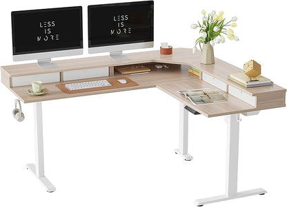 FEZIBO 63" L Shaped Standing Desk with 4 Drawers, Electric Standing Gaming Desk Adjustable Height, Corner Stand up Desk with Splice Board, White Frame/Light Walnut Top