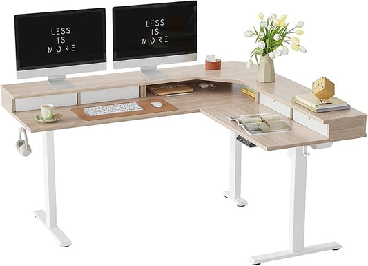 FEZIBO 63" L Shaped Standing Desk with 4 Drawers, Electric Standing Gaming Desk Adjustable Height, Corner Stand up Desk with Splice Board, White Frame/Light Walnut Top
