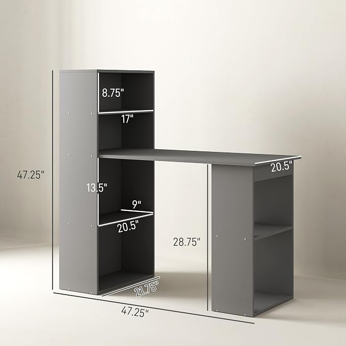 HOMCOM Modern Home Office Desk with 6-Tier Storage Shelves, 47", Gray | Writing Desk, Bookshelf