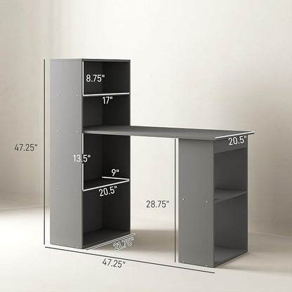 HOMCOM Modern Home Office Desk with 6-Tier Storage Shelves, 47", Gray | Writing Desk, Bookshelf