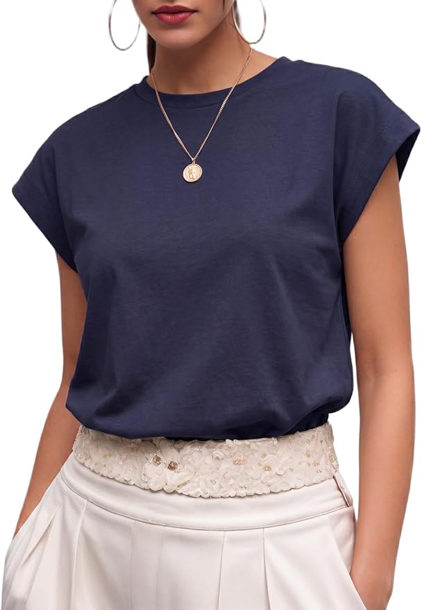 GRECERELLE Womens Summer Tops Cap Sleeve Crew Neck Basic T-Shirt | Everyday Casual Wear, Layering Friendly, Wrinkle-Resistant, Business Casual Ready, Lightweight & Packable, Capsule Wardrobe