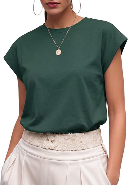 GRECERELLE Womens Summer Tops Cap Sleeve Crew Neck Basic T-Shirt | Everyday Casual Wear, Layering Friendly, Wrinkle-Resistant, Business Casual Ready, Lightweight & Packable, Capsule Wardrobe