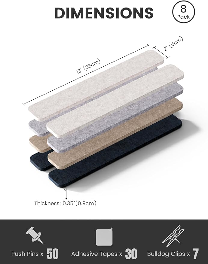 Fluxynara 13" x 2" Felt Wall Panels, Nordic Slate | 8-Pack Includes 50 Push Pins and Adhesive Tabs for Photos, Notes and Decor in Bedroom Doors, Home Office or Studios