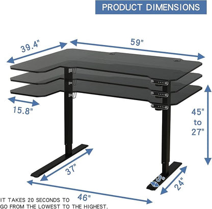 Adjustable Height L-Shaped 59 Inch Electric Standing Desk - Sit Stand Computer Desk, Stand Up Desk Table for Home Office, Black Frame and Top