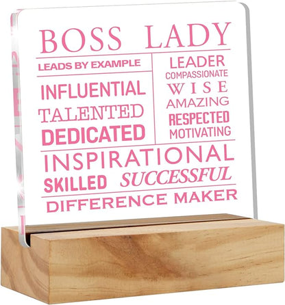 Inspirational Boss Appreciation Gift Boss Lady Gifts for Women, Pink Boss Lady Desk Decor Acrylic Desk Plaque Sign with Wood Stand Home Office Desk Sign Keepsake