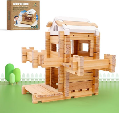 Jovi-mindly＆Notchies 63PCS Wooden Blocks Beginner Set Wooden Blocks |Preschool Learning Toys Wood Blocks Building for Kids Ages 3+ Creative Construction Game,FSC Certified,Birthday Toys Gifts