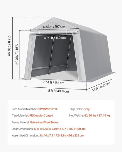 VEVOR Outdoor Storage Shed, 8 x 14 ft Portable Storage Tent with Roll-up Door & Vents, Waterproof Canopy Shed Shelter, Heavy Duty Frame, Patio Garage Carport for Motorcycle, Lawn Mower, Bike, Grey