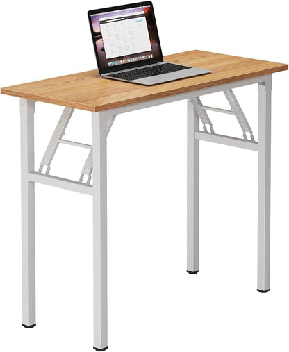 Need Small Computer Desk 31.5 in Folding Home Office Table Teak | White Frame Writing Gaming Work Table/Sturdy Foldable Study Table for Small Space/Dormitory, No Assembly Required