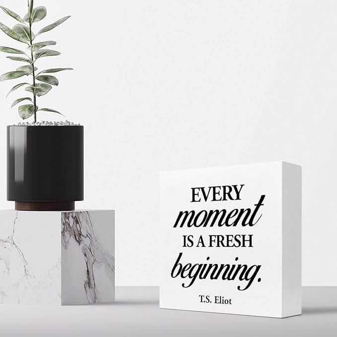 Positive Wood Box Sign Desk Decor,Every Moment is a Fresh Beginning Wood Plaque Signs,Rusti Inspirational Wooden Block Sign Decor for Home Office Shelf Desk Table Decoration C1067