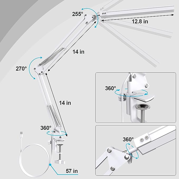 LED Desk Lamp with Clamp and Round Base,Eye Caring Table Lamp with Swing Arm,3 Color Modes 10 Brightness Levels,Memory Function,Desk Light for Home Office with USB Adapter White-14W