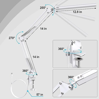 LED Desk Lamp with Clamp and Round Base,Eye Caring Table Lamp with Swing Arm,3 Color Modes 10 Brightness Levels,Memory Function,Desk Light for Home Office with USB Adapter White-14W
