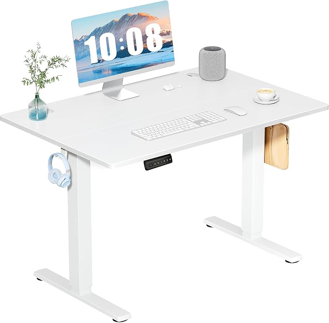 DUMOS 40 Inch Electric Standing Desk, Memory Adjustable Home Office Desk | Sit Stand Up Desk for Work Home Office,Adjustable Desk, Rising Computer Table with Splice Board,Cable Management,Hook,White