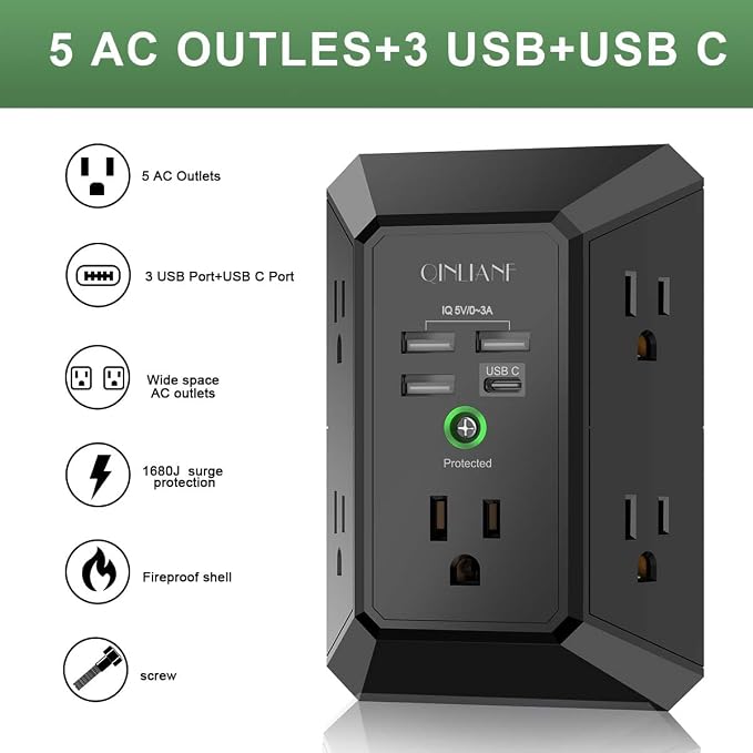 USB Wall Charger, Surge Protector, QINLIANF 5 Outlet Extender with 4 USB Charging Ports (4.8A Total) 3-Sided 1680J Power Strip Multi Plug Outlets Wall Adapter Spaced for Home Travel Office, Black