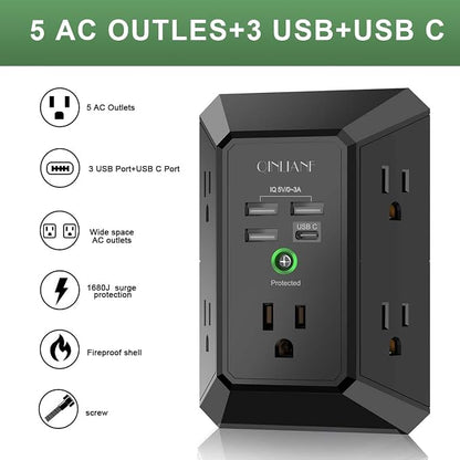 USB Wall Charger, Surge Protector, QINLIANF 5 Outlet Extender with 4 USB Charging Ports (4.8A Total) 3-Sided 1680J Power Strip Multi Plug Outlets Wall Adapter Spaced for Home Travel Office, Black