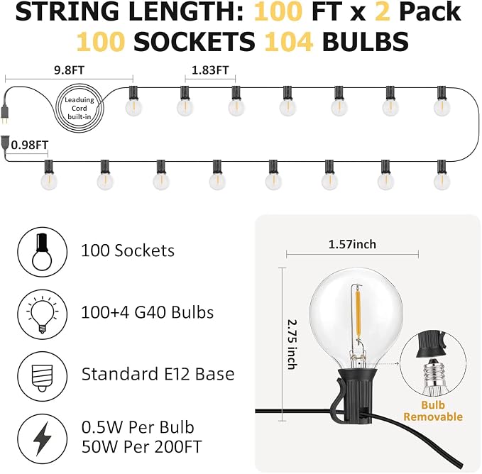 Achin 200FT Outdoor String Lights G40 Globe Patio Lights Waterproof Outdoor Hanging Lights with 104 Shatterproof LED Bulbs Dimmable String Lights for Outside Bistro Backyard Market, 100FT x 2Pack