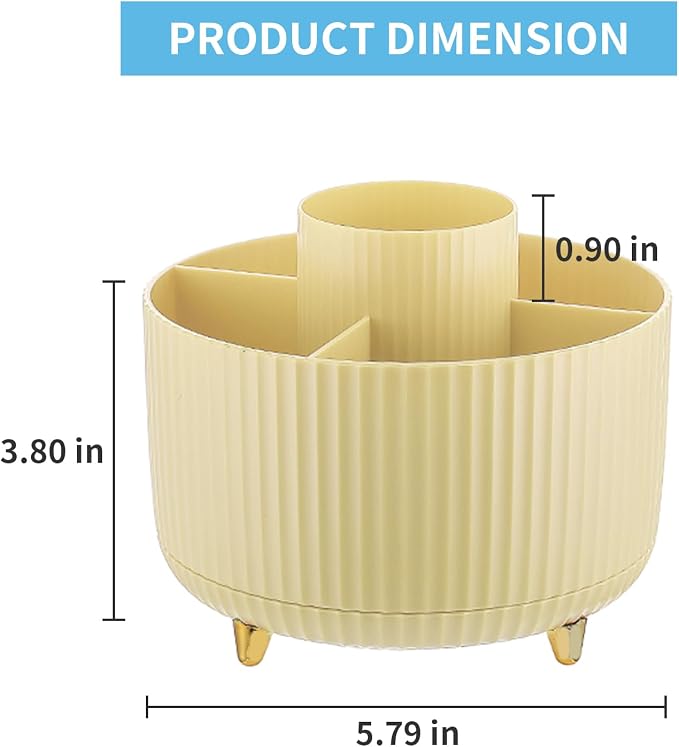 Marbrasse Desk Organizer, 360-Degree Rotating Pen Holder, Desk Organizers and Accessories with 5 Compartments Pencil Holder, Art Supply Storage Box Caddy for Office, Home (Yellow)