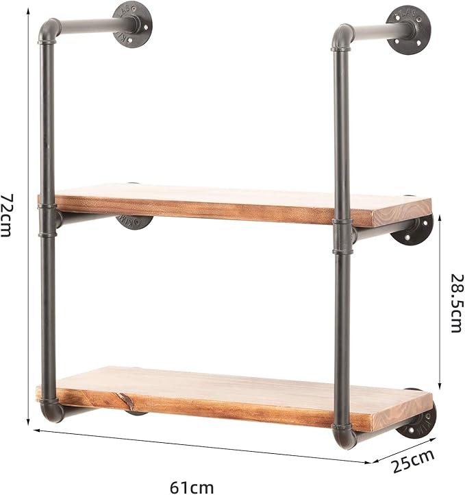 Industrial Wall Mounted Pipe Shelving,Rustic Metal Floating Shelves,Steampunk Real Wood Bookcases,DIY Bookshelf Hanging Shelves,Farmhouse Kitchen Bar Office Home Storage (3-Tier with 2 Boards,24in)