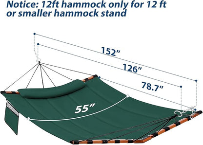12FT 2 Person Hammock TegerDeger Large Hammock 450LB Capacity with V Shaped Hardwood Spreader Bar & Nylon Rope for Outside, Patio, Garden, Backyard, Beach, Poolside - Dark Green