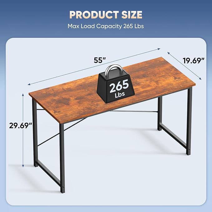 DUMOS 55 Inch Small Computer Desk, Gaming Desks for Home Office Bedroom | Modern Study Writing Work Table, Craft PC Desk Simple Workstation with Reinforcement Structure, Rustic Brown