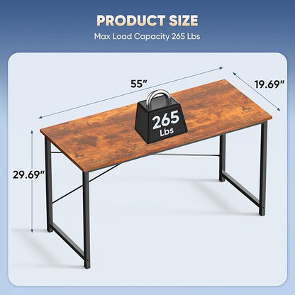 DUMOS 55 Inch Small Computer Desk, Gaming Desks for Home Office Bedroom | Modern Study Writing Work Table, Craft PC Desk Simple Workstation with Reinforcement Structure, Rustic Brown