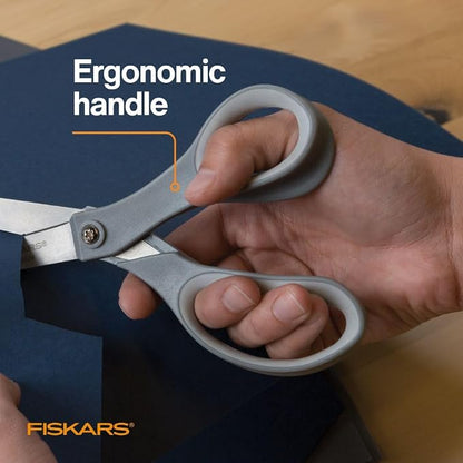 Fiskars 8" SoftGrip Everyday All Purpose Scissors, Office & Crafts, Grey | For Paper, Cardboard & Photos, Precision Stainless Steel Blades, Ergonomic SoftGrip Handles for Comfort & Control