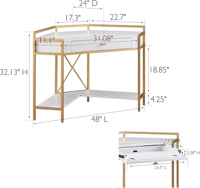 Leick Home 9230-WTGL Claudette Mixed Metal and Wood Desk, 48" W, White/gold