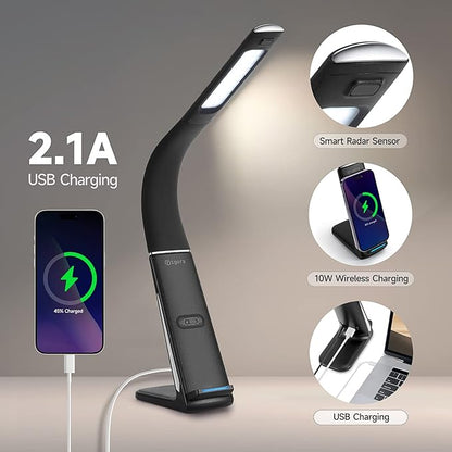 LED Desk Lamp with Wireless Charger, USB Charging Port, Stepless dimmable brightness, Natural Lights, Desk Lamps for Home Office, Table Lamp Eye Caring Reading Light, Gesture Control desk light