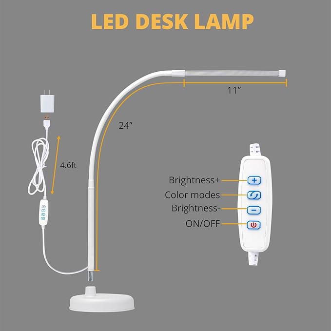 LED Desk Lamp, Swing Arm Architect Task Lamp with Long Flexible Gooseneck, Heavy Base, 3 Color Modes, 10 Brightness Levels, and USB Adapter, Desk Light for Home/Office/Drafting/Reading
