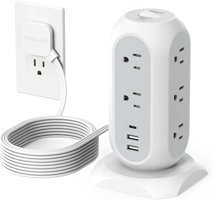 TESSAN Tower Power Strip Flat Plug with 1050J Surge Protection, 10 Ft, Grey | 11 Outlets 3 USB (1 USB C), Surge Protector Power Tower, Extension Cord with Multiple Outlets, Dorm, Office Desk Supplies