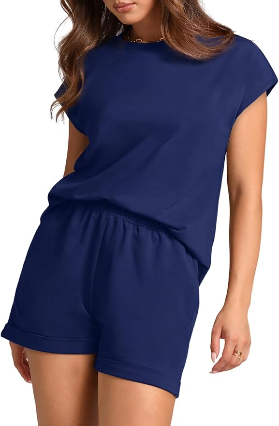 WIHOLL 2 Piece Sets for Women Casual Summer Travel Vacation Outfits Cap Sleeve Shorts Lounge Set