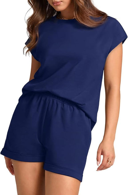 WIHOLL 2 Piece Sets for Women Casual Summer Travel Vacation Outfits Cap Sleeve Shorts Lounge Set