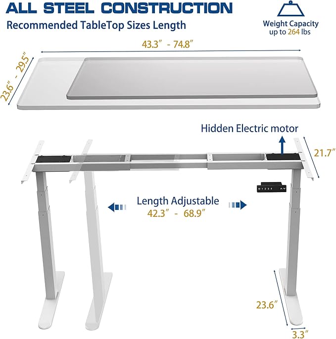 AIMEZO 71" W Standing Desk Frame, Dual Motor Electric Height Adjustable Sit Stand Desk Frame with 4 Memory Preset Button, USB Charging Port for Home Office (3 Tier Legs, White)