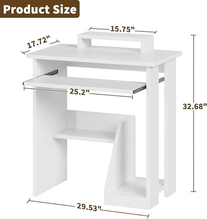 ALISENED 30 Inch Computer Desk, with Keyboard Tray & Monitor Stand | Compact Desk for Space-Saving, Ergonomic Study Desk with Storage Shelves for Writing, Gaming, Working, White