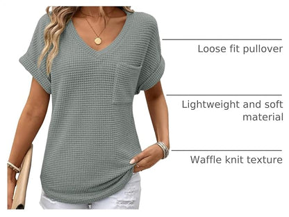 Dokotoo Womens Waffle Knit Tops 2026 Spring Summer V Neck Shirts Casual Trendy Women's Blouses Basic Tee
