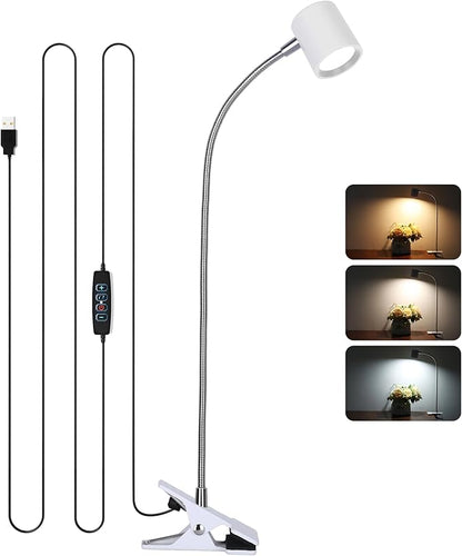 Dott Arts Desk Lamp,USB Clip On Light with 3 Color Modes,LED 10 Levels Brightness Reading Lamp, 360°Gooseneck Book Light,Eye-Care Reading Light for Home Office,Headboards White…