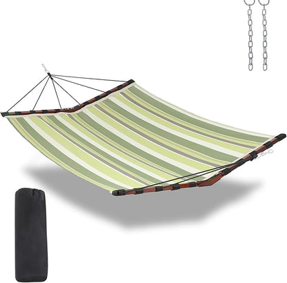 TegerDeger 12FT 2 Person Hammock Large Hammock Quick Dry 450LB Capacity with V Shaped Hardwood Spreader Bar & Nylon Rope for Outside, Patio, Garden, Backyard, Beach, Poolside - Tender Green Stripes