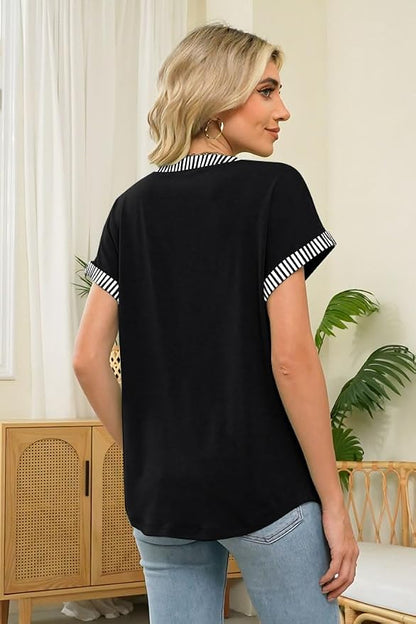 Womens Henley Summer Tops V Neck Button Dressy Casual T Shirts Blouses | Breathable, V-Neck Button, Striped, Loose Fit, Business Casual, Office, Vacation, Spring Summer Tops, Basic Shirts