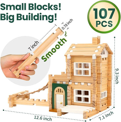 Jovi-mindly＆Notchies 107 Pcs STEM Wooden Blocks Toys with Door＆Windows|Learning Building Blocks Toy for Kids Ages 4-8 Boys and Girls|Classic Old Fashioned Toys Gifts for Birthday