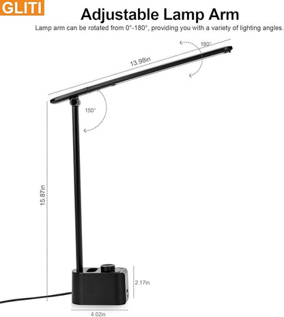 LED Office Desk Lamp, 630 Lumens Bright Table Lamp with Clock Display.A+C USB Fast Charging Charging Port, Desk Light for Office, Industrial Painting, Crafts (with Adapter)