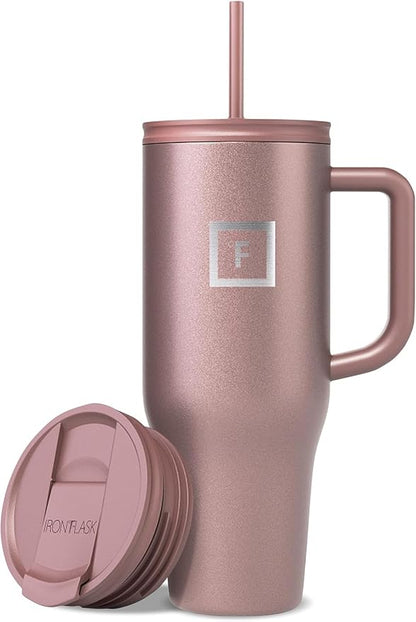 IRON °FLASK 40 oz Co-Pilot Insulated Travel Mug | Insulated Travel Mug with Straw & Flip Cap Lids - Cup Holder Fit, Leakproof, BPA Free (Rose Gold)