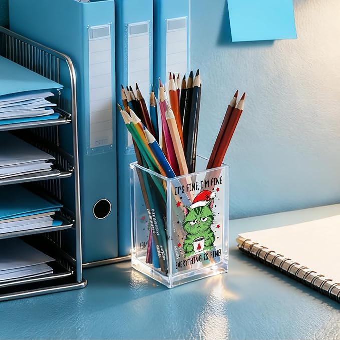 It's Fine I'm Fine Everything Is Acrylic Makeup Brush Pencil Holder Cup, Funny Cat Pen Holder Gifts For Friends HR Nurse, Christmas Office Gifts for Women Coworker, Pencil Cup for Desk