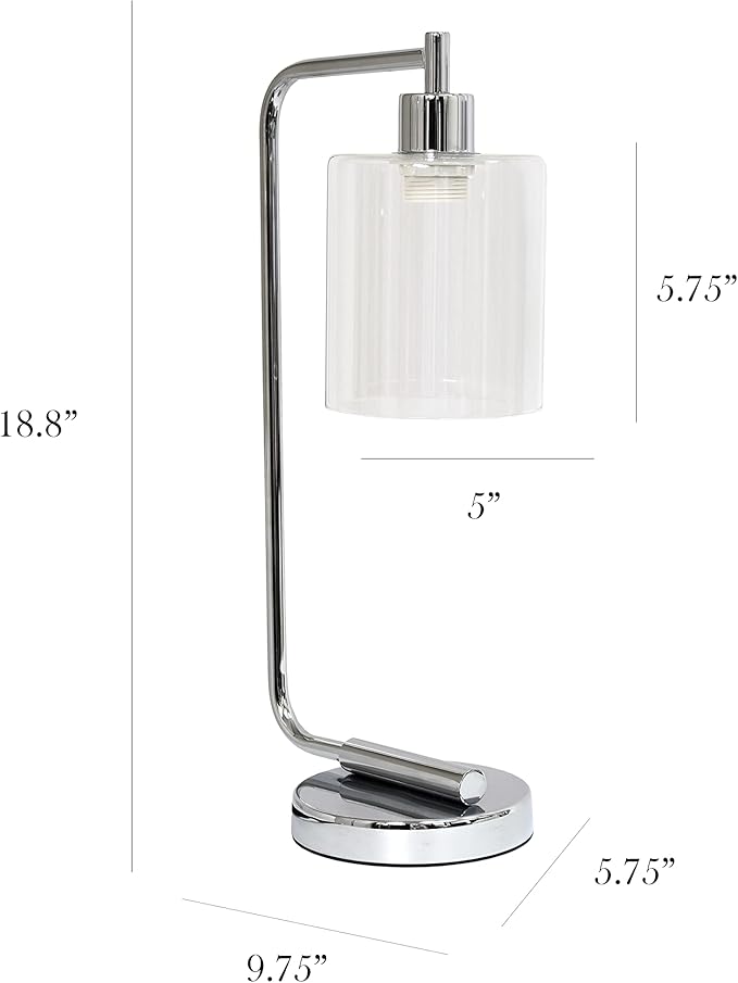 Simple Designs LD1036-CHR-LB 18.8" Industrial Bronson Antique Style Iron Lantern Desk Table Lamp with Glass Shade for Home Décor, Office, Living Room, Bedroom, Chrome, with Feit LED Bulb Included