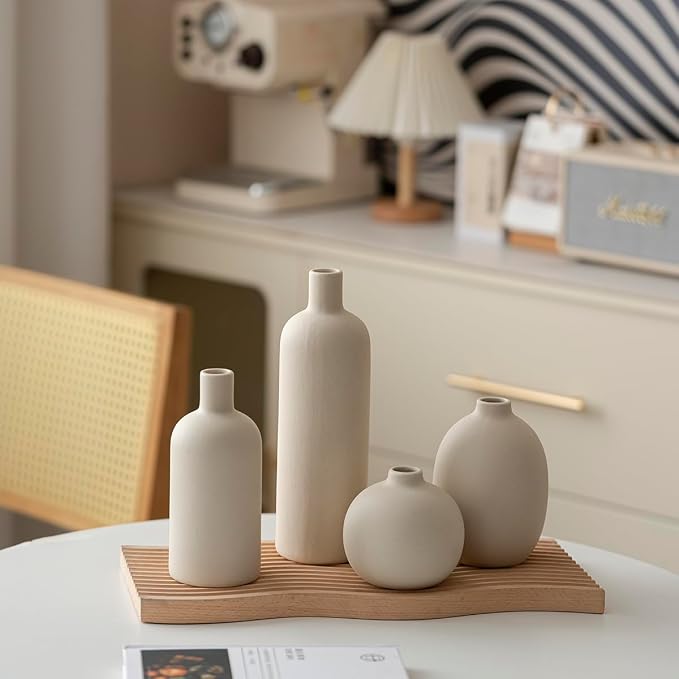 Modern Ceramic Vase Set, Neutral Colors, Decorative Vases for Home Decor, 4 Piece Collection (Beige)