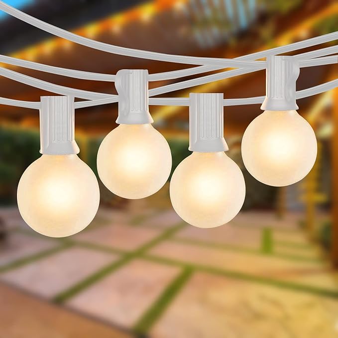SUNSGNE 25Ft Outdoor Patio Lights G40 Globe String Lights with 27 Frosted White Bulbs, Waterproof Connectable Hanging String Lights for Christmas Patio House Backyard Balcony Party, White Wire
