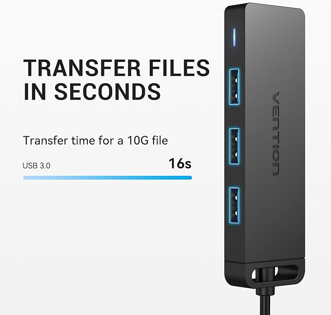 VENTION USB 3.0 Hub for Laptop- Multi USB Port Splitter, Ultra-Slim USB Extender Adapter, 4 Ports Fast Data Transfer for Laptop, MacBook, Printer, PS4, PC, Flash Drive, HDD, Wireless Mouse/Keyboard