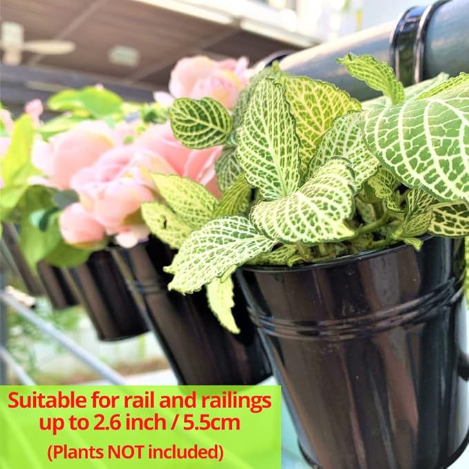 LaLaGreen Railing Planter 10 Pack, 6 Inch Hanging Flower Pot Black, Outdoor Large Metal Iron Fence Bucket, Balcony Garden Wall Deck Porch Patio Rail Decor Hanger Hook Farmhouse Balcony 6'''' (15cm)