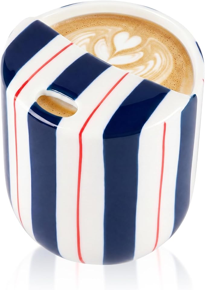 Ceramic Mug with Sip Hole 10 oz Novelty Deep Blue Red Striped Ceramic Coffee Mug Hand Painted Travel Mugs Heat Resistant Non Slip Built in One Lid for Coffee Lovers Appreciation Gift