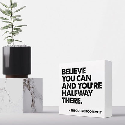Believe You Can and You're Halfway There Wood Box Signs,Inspirational Wood Plaque Sign Desk Decor,Rustic Positive Wooden Block Sign Decor for Home Office Shelf Table Decoration C1073