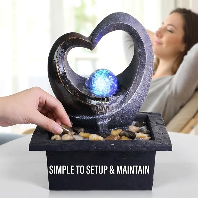 Ferrisland Tabletop Water Fountain, Zen Meditation Indoor Waterfall Fountain, Heart Shape Decoration with LED Light for Home Office Bedroom Relaxation Decor, Gift Ideas